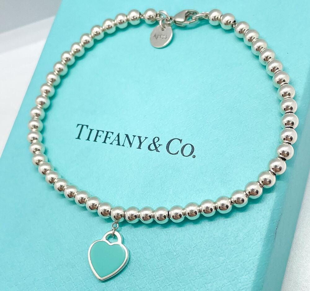 Tiffany & Co. Return to Tiffany Mini Blue Enamel Heart Tag Bead Bracelet 7.25"